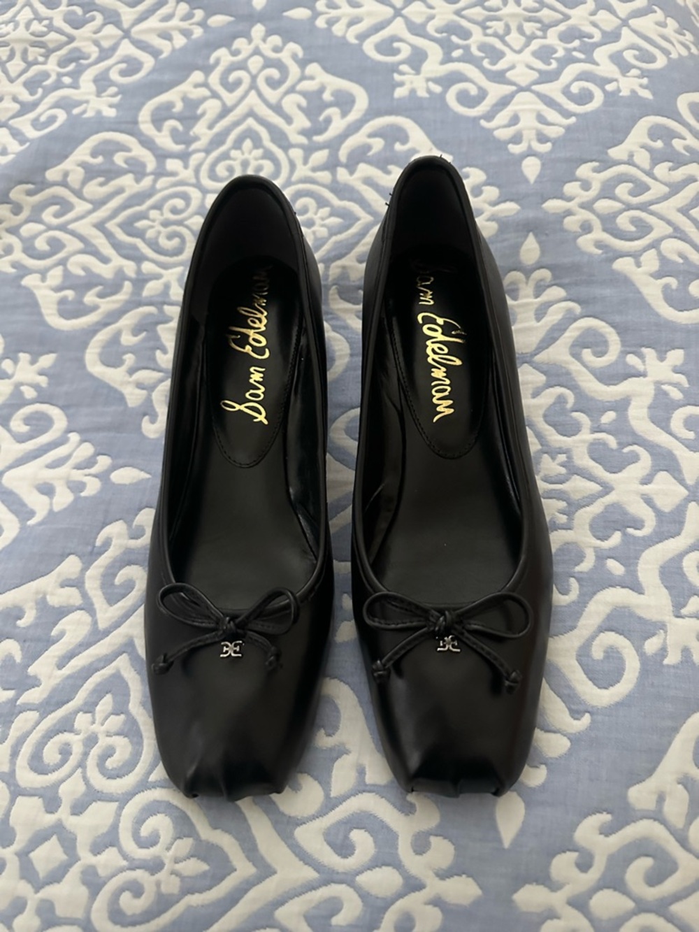 Sam Edelman Black Leather Square-Toe Ballet Flats with Bow